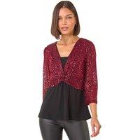 Roman Women's Sequin Bodice V-Neck Stretch Top in Red | Size: 20