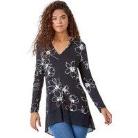 Roman Women's Floral Print Chiffon Hem Stretch Top in Black | Size: 12