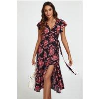 FS Collection Women's Floral Frill Sleeve Midi Wrap Dress in Black | Size: XS