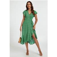 FS Collection Women's Floral Frill Sleeve Midi Wrap Dress in Green | Size: XS