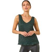 Roman Women's V-Neck Metallic Plisse Vest Top in Green | Size: 12
