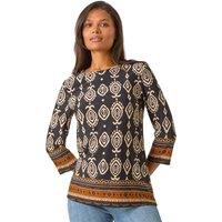 Roman Women's Ikat Border Hem Stretch Top in Brown | Size: 12