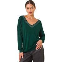 Roman Women's Sparkly Trim V-Neck Knit Jumper in Dark Green | Size: 10
