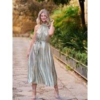 Finding Friday Women's Metallic High Neck Tie Waist Midi Dress in Gold | Size: 10