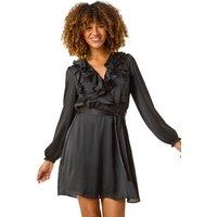Roman Women's Satin V-Neck Ruffle Dress in Black | Size: 18