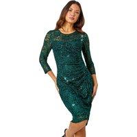 Roman Women's Sequin Lace Ruched Stretch Dress in Green | Size: 18