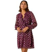 Roman Women's Foil Print V-Neck Fit & Flare Ruffle Dress in Wine | Size: 20