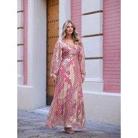 Finding Friday Women's Metallic Printed Balloon Sleeve Maxi Dress in Red | Size: 12