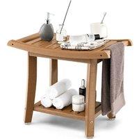 Costway Corner Shower Bench Stool Bathroom Seat 2-Tier Storage Shelf Bathroom Foot Rest in Brown