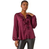 Roman Women's Ruffle Front V-Neck Satin Blouse in Wine | Size: 10