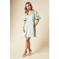 Dorothy Perkins Women's Petite DP Luxe Square Neck Puff Sleeve Mini Dress in Sage | Size: 10