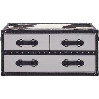 Orsina Black & White Genuine Cowhide Coffee Table, Rectangular Table With Three Drawers, Table With Leather Handles