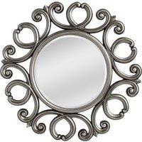 Orsina Silver Finish Frame Round Wall Mirror, Bevelled Mirror With Ornamental Carvings, Traditional Wall Mirror