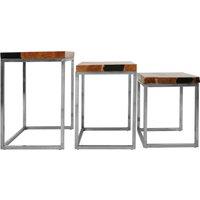 Orsina Set of 3 Natural Teak Wood Nesting Tables, Sturdy Handcrafted End Tables, Luxe Black Two-Toned Bedside Tables in Silver