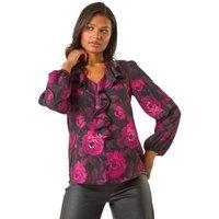Roman Women's Floral Print Ruffle V-Neck Top in Pink | Size: 10