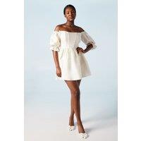 Oasis Women's Off The Shoulder Puff Sleeve Jacquard Bridal Mini Dress in Ivory | Size: 12