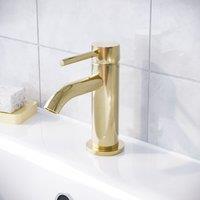 Nes Home Modern Deck Mounted Cloakroom Brushed Brass Round Basin Mono Mixer Tap in Gold