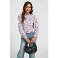 FS Collection Women's Floral Print Frill Detail High Neck Top In Blue & Pink | Size: Large