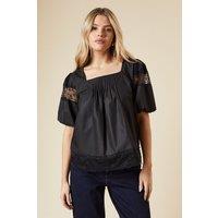 Dorothy Perkins Women's Pleat Front Lace Trim Short Sleeve Blouse in Black | Size: 8