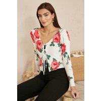 Yumi Women's White Rose Print Cardigan With Tie Front | Size: Large