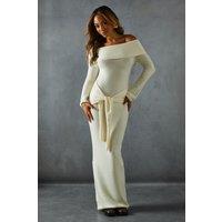 MissPap Women's Knitted Bardot Wrap Front Midi Dress in Ivory | Size: S/M