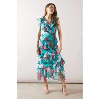 Wallis Women's Floral Ruffle Tiered Midi Dress in Sage | Size: 12