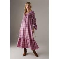 Warehouse Women's Gathered Channel Detail Check Midi Smock Dress in Pink | Size: 12