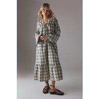 Warehouse Women's Gathered Channel Detail Check Midi Smock Dress in Ivory | Size: 12