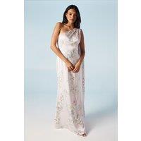 Spring Posy Printed Satin Drape Shoulder Bridesmaid Dress