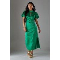 Warehouse Women's Petite Rose Satin Jacquard Puff Sleeve Tie Back Midi Dress in Bright Green | Size: 6