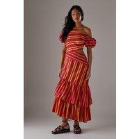 Mixed Print Poplin Fallen Shoulder Asymmetric Midi Dress