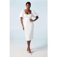 Ruched Bodice Puff Sleeve Column Wedding Dress