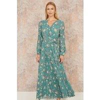Yumi Women's Mint Green Floral Pleated Long Sleeve Wrap Over Midi Dress | Size: 8