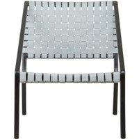 Orsina Grey Leather Woven Chair, Teak Wood Armchair, Black Framed Dining Chair, Patio Chair With Leather Straps
