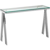 Orsina Clear Glass Console Table, Silver Finished Center Table With Stainless Steel Frame, Modern Hallway Table