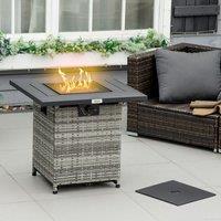 OUTSUNNY Rattan Gas Fire Pit Table with Mesh Lid & Rain Cover, Lava Stone, 40, 000 BTU in Grey