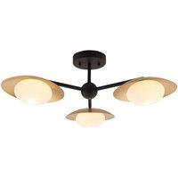 Loops Gold & Bronze Semi Flush 3 Bulb Ceiling Light - Pebble Shaped Opal Glass Shades in Clear