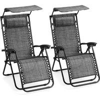 VonHaus Set of 2 Textilene Garden Zero Gravity Sun Lounger Chairs with Canopy in Grey