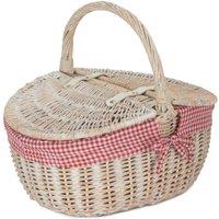 Red Hamper Wicker White Wash Finish Oval Picnic Basket with Cotton Lining in Pink