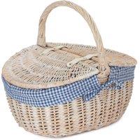 Red Hamper Wicker White Wash Finish Oval Picnic Basket with Cotton Lining in Blue
