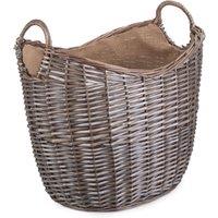 Red Hamper Wicker Scoop Neck Antique Wash Hessian Lined Log Basket in Brown