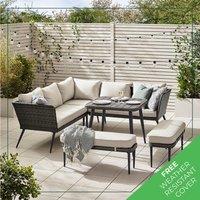 FurnitureboxUK Seychelles 9 Seater Outdoor Garden Sofa Set - PE Rattan & Wood Effect Garden Sofa & Table - 5 Seater Corner Sofa, 2 benches, Garden