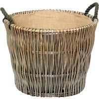Red Hamper Wicker Round Grey Hessian Lined Log Basket in Brown