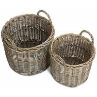 Red Hamper Wicker Set of 2 Round Straight-Sided Log Storage Basket in Brown