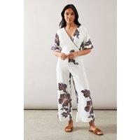 Petite Scallop Trim Printed Wrap Wide Leg Jumpsuit