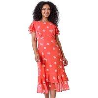 Roman Women's Petite Floral Chiffon Frill Tiered Midi Dress in Coral | Size: 18