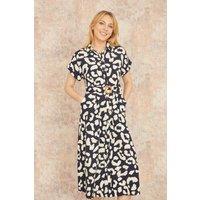 Yumi Women's Navy Abstract Animal Print Relaxed Midi Shirt Dress With Belt | Size: 8