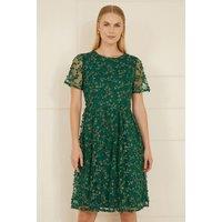 Yumi Women's Green Embroidered Floral Skater Dress | Size: 12