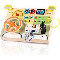 Dyzi Baby Car Driving Steering Wheel Switch - Wooden Montessori Busy Board - Preschool Learning Toy for Kids in Khaki