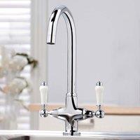 Nes Home Chrome Twin Lever Traditional Brass Kitchen Sink Mixer Mono Tap Solid Brass in Silver